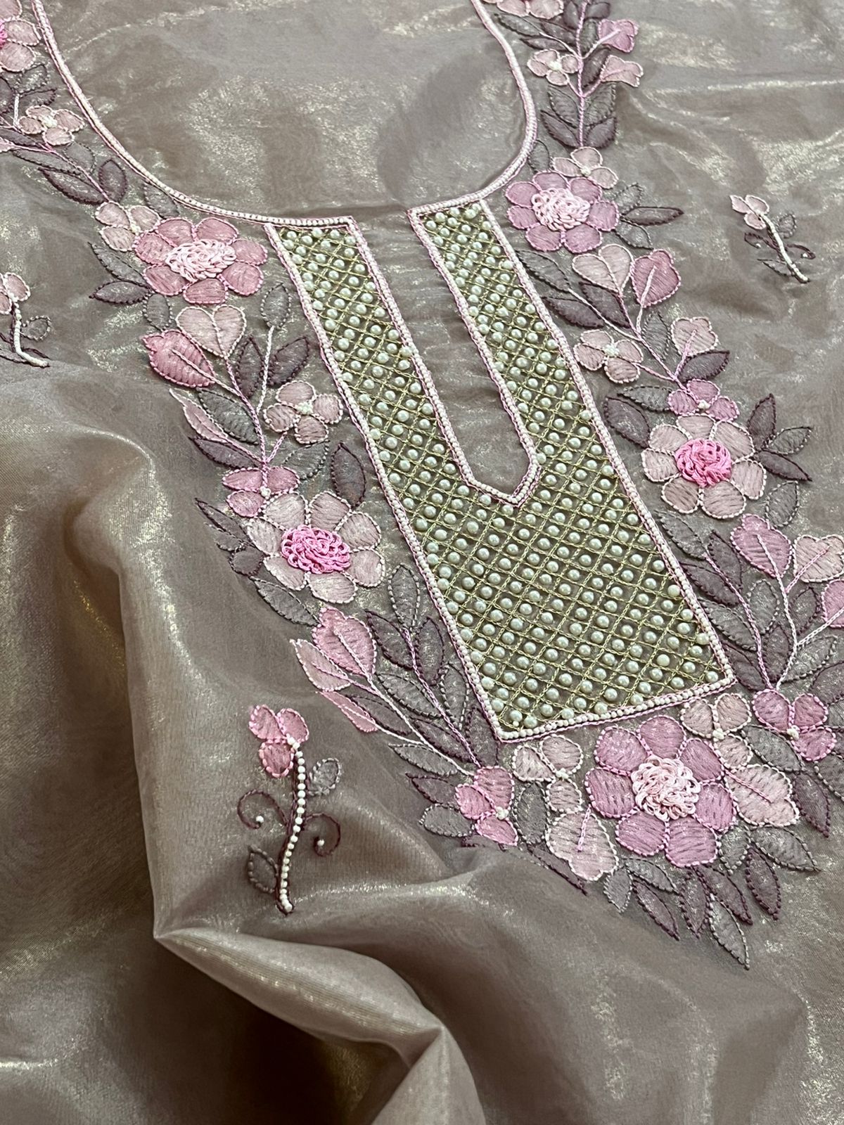 Organza Tissue Chikankari Kurta - Blush Pink