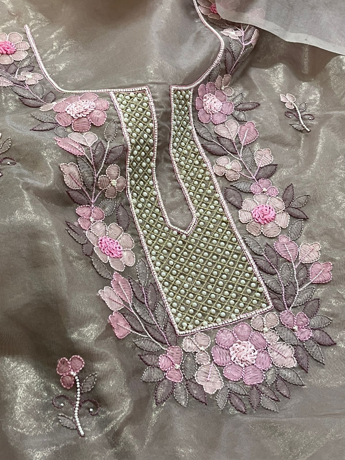 Organza Tissue Chikankari Kurta - Blush Pink