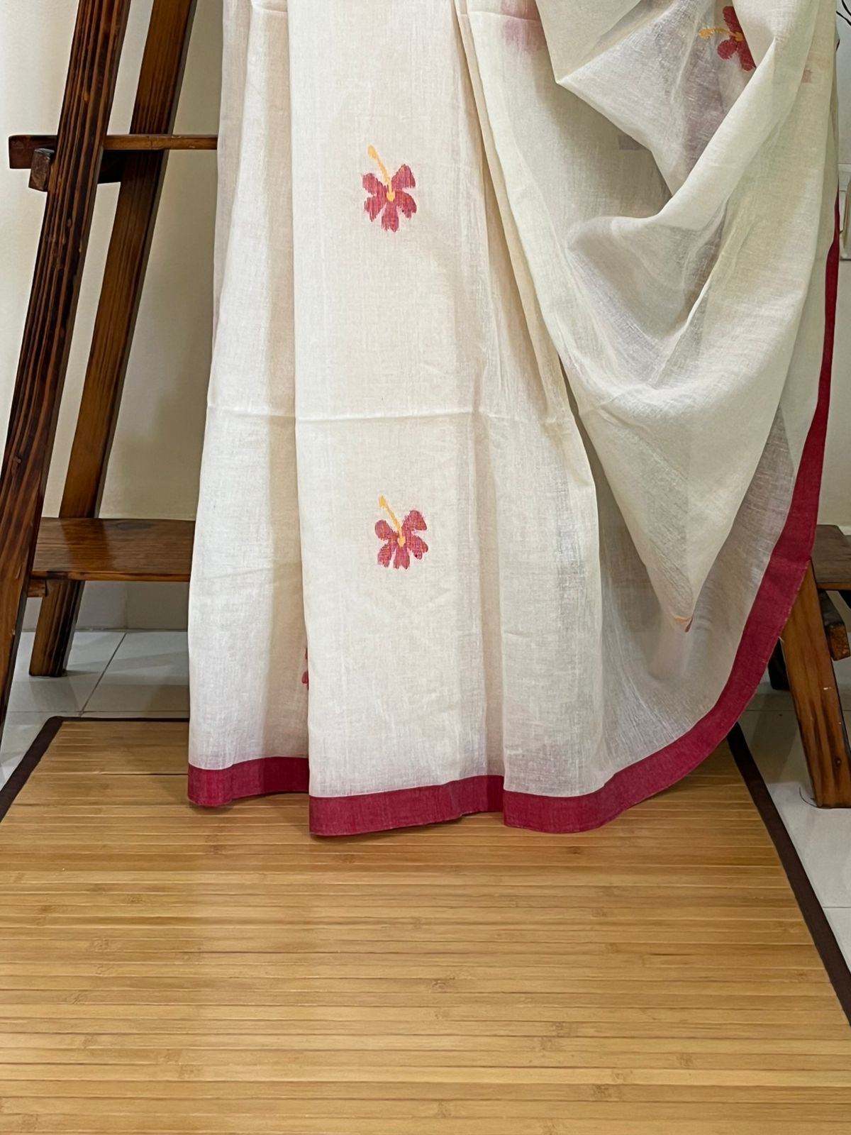 Pure cotton handwoven Bengal cotton saree - Off white