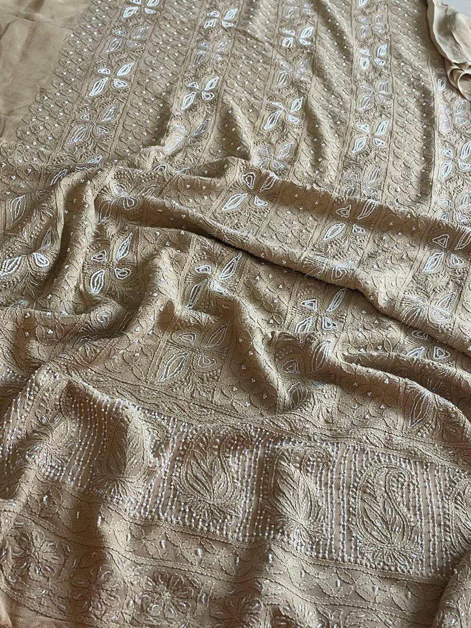 Gorgeous and stunning party wear georgette Chikankari handwork Kurta and dupatta sets - Beige