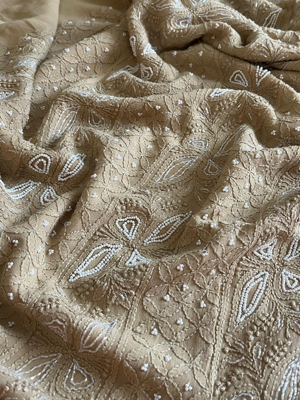 Gorgeous and stunning party wear georgette Chikankari handwork Kurta and dupatta sets - Beige