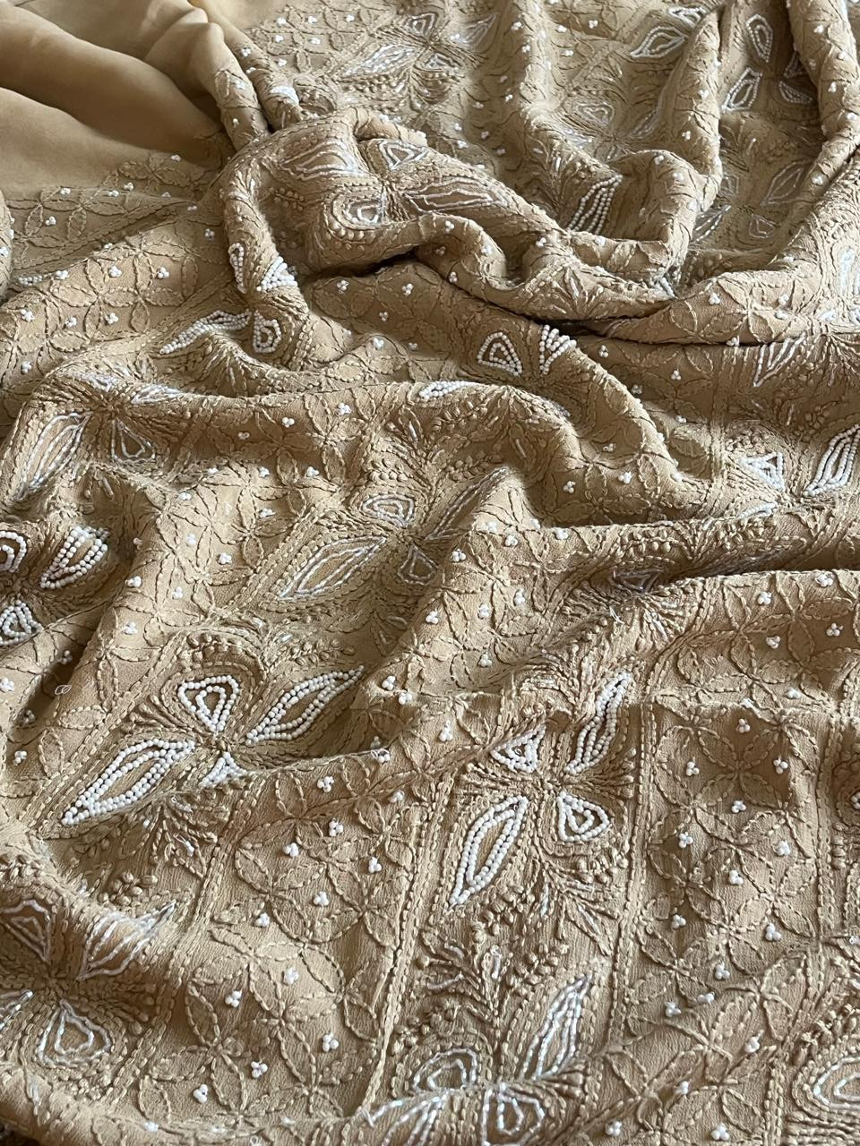 Gorgeous and stunning party wear georgette Chikankari handwork Kurta and dupatta sets - Beige