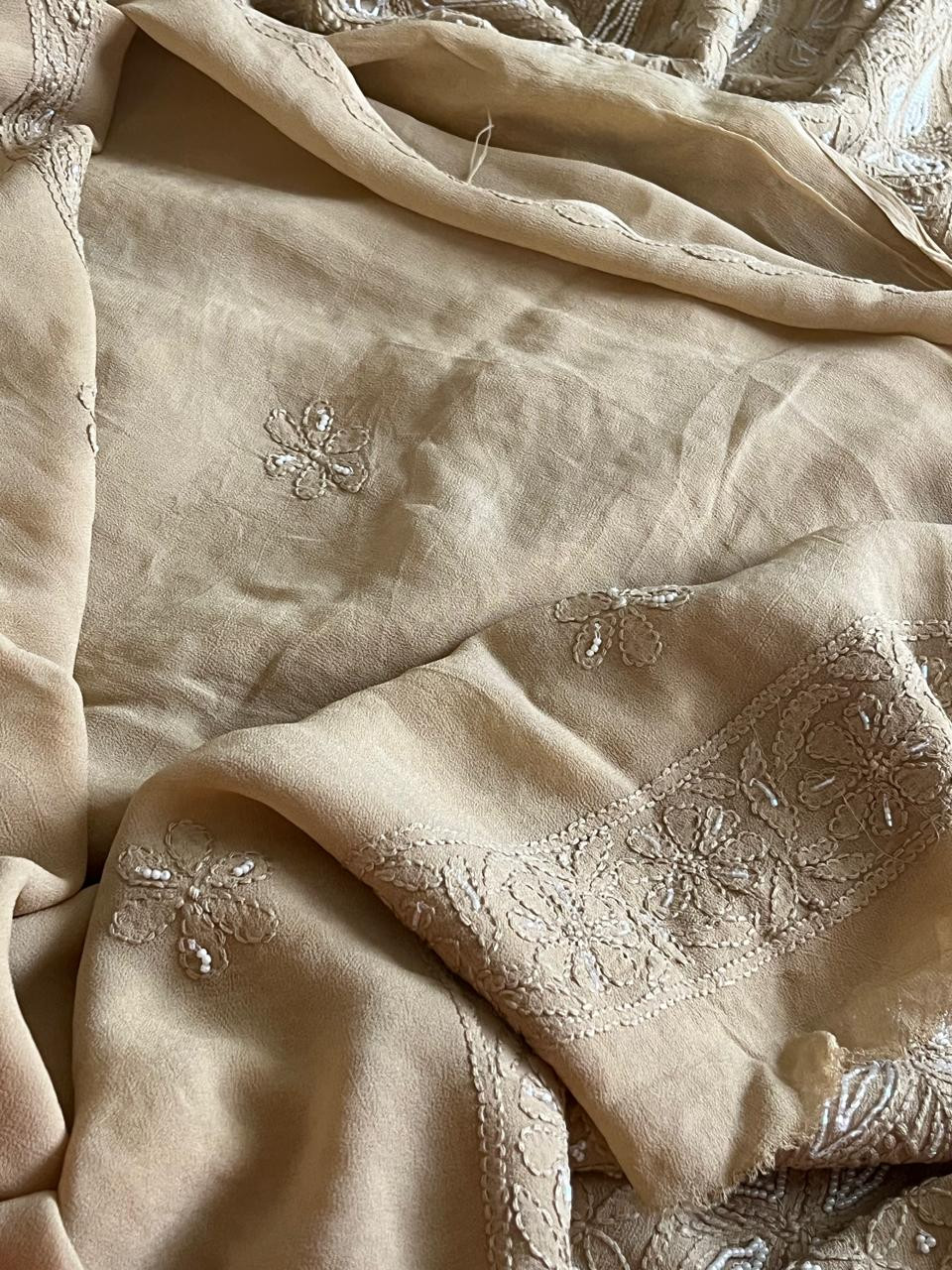 Gorgeous and stunning party wear georgette Chikankari handwork Kurta and dupatta sets - Beige