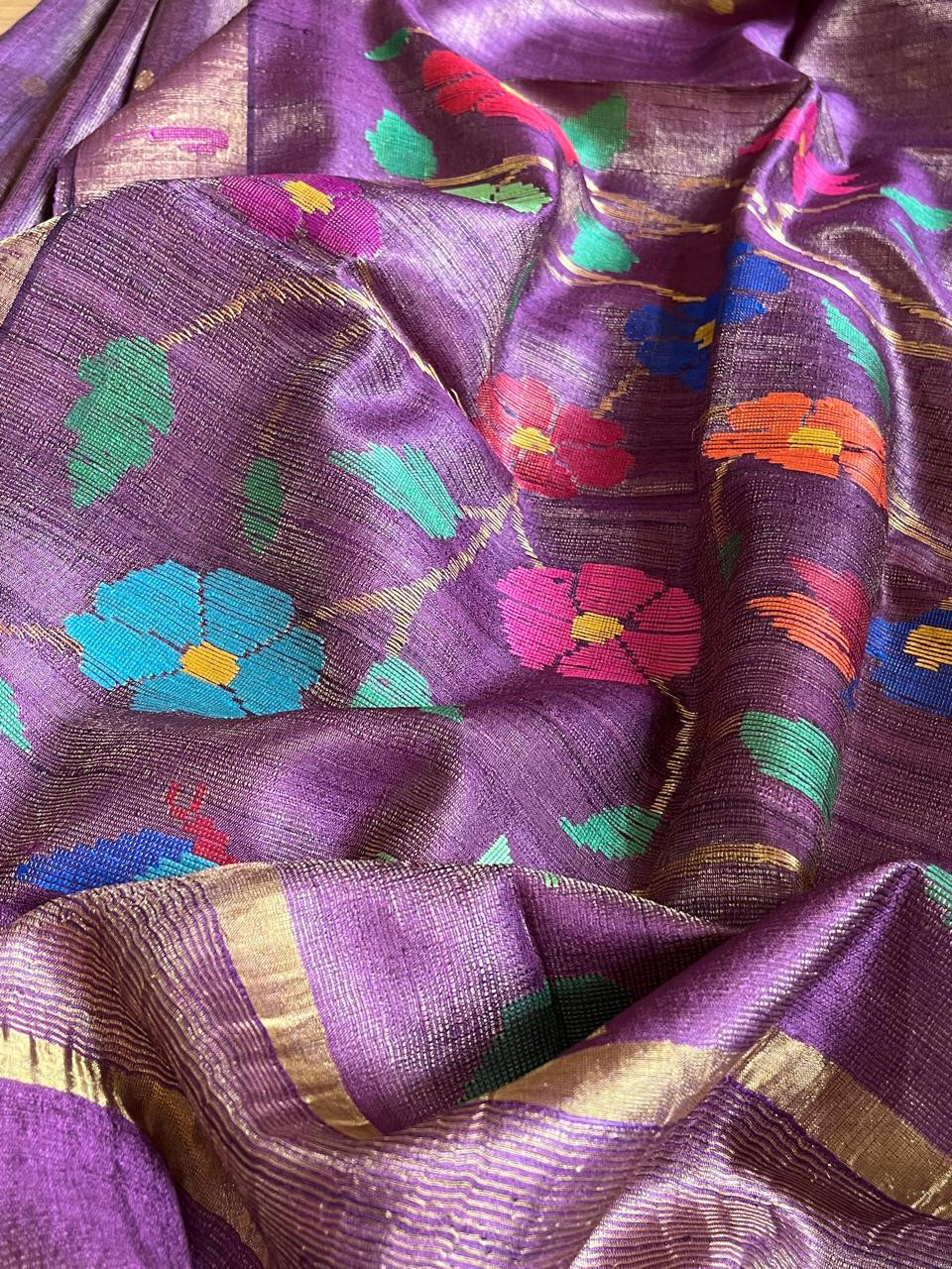 Pure Kosa Tissue Silk Handwoven Saree - Purple