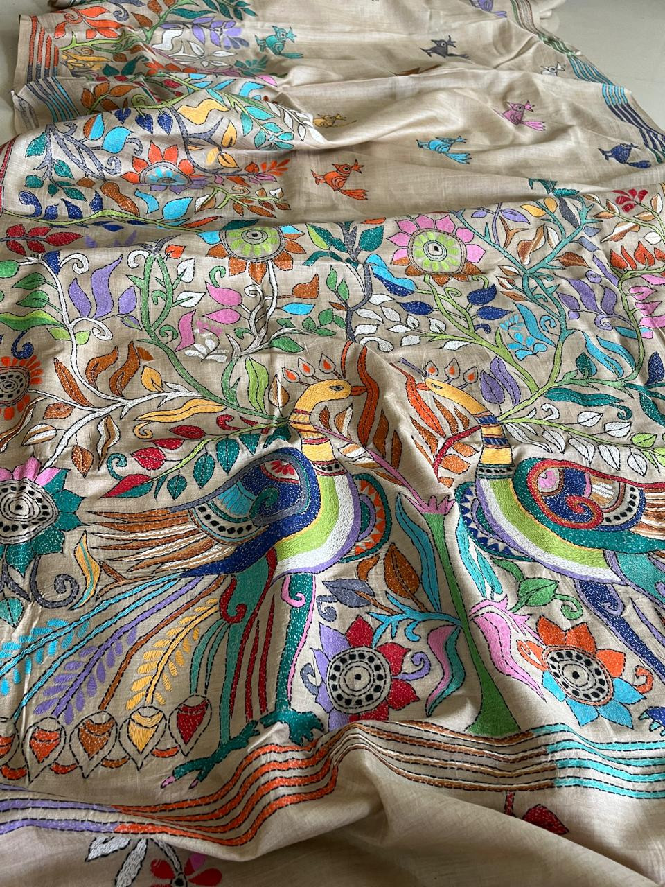 Pure Tussar  Hand Embroidered Kantha Silk Saree - Beige multicolour
