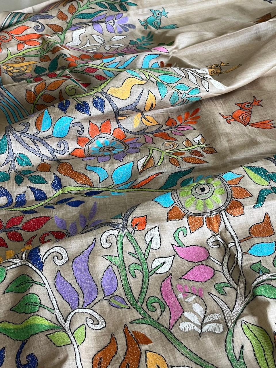 Pure Tussar  Hand Embroidered Kantha Silk Saree - Beige multicolour