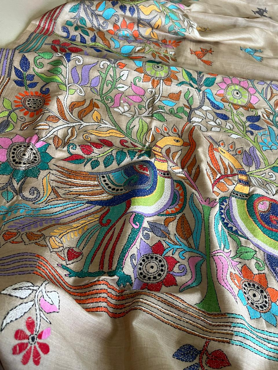 Pure Tussar  Hand Embroidered Kantha Silk Saree - Beige multicolour