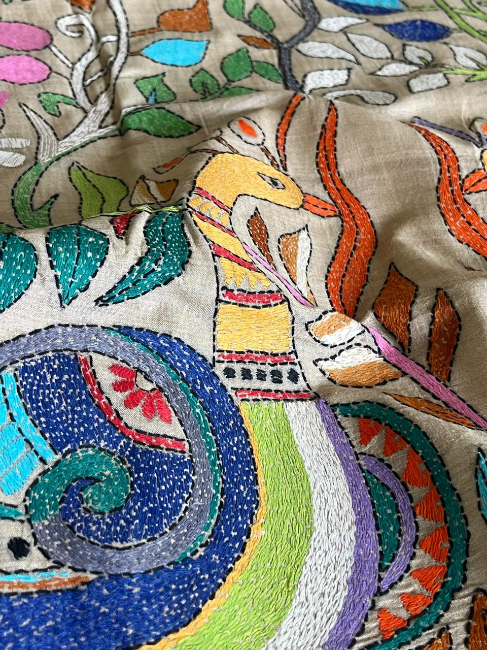Pure Tussar  Hand Embroidered Kantha Silk Saree - Beige multicolour