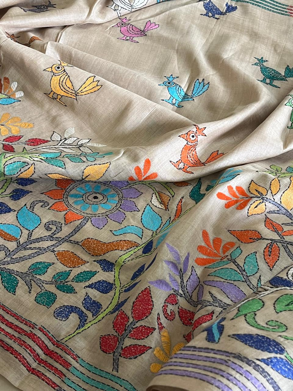 Pure Tussar  Hand Embroidered Kantha Silk Saree - Beige multicolour