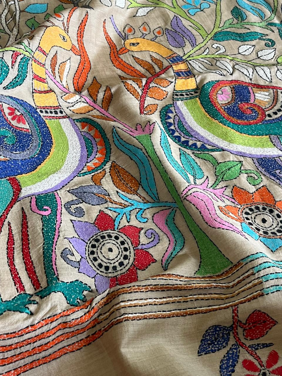 Pure Tussar  Hand Embroidered Kantha Silk Saree - Beige multicolour