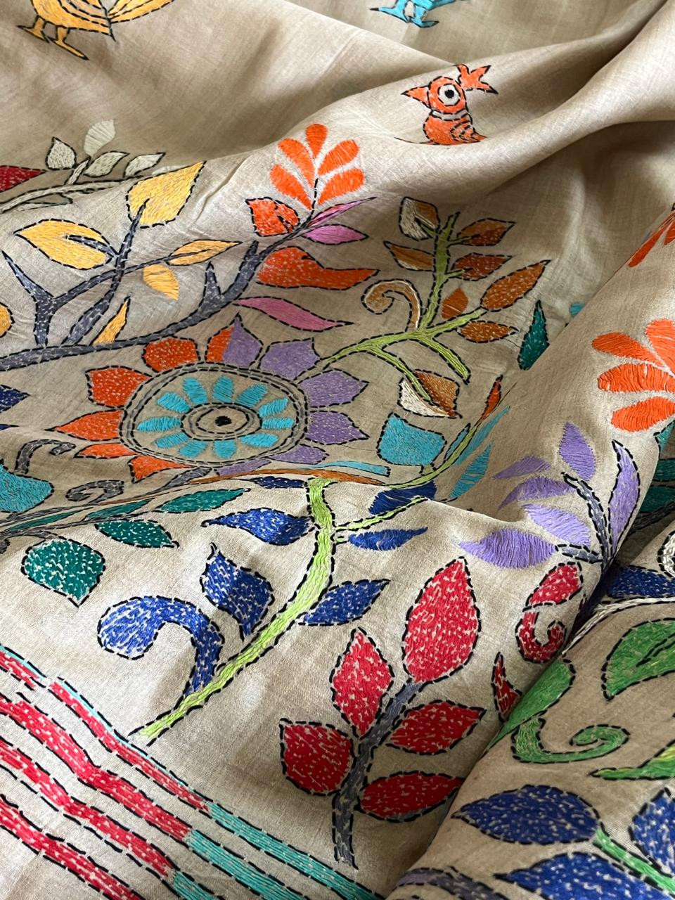 Pure Tussar  Hand Embroidered Kantha Silk Saree - Beige multicolour