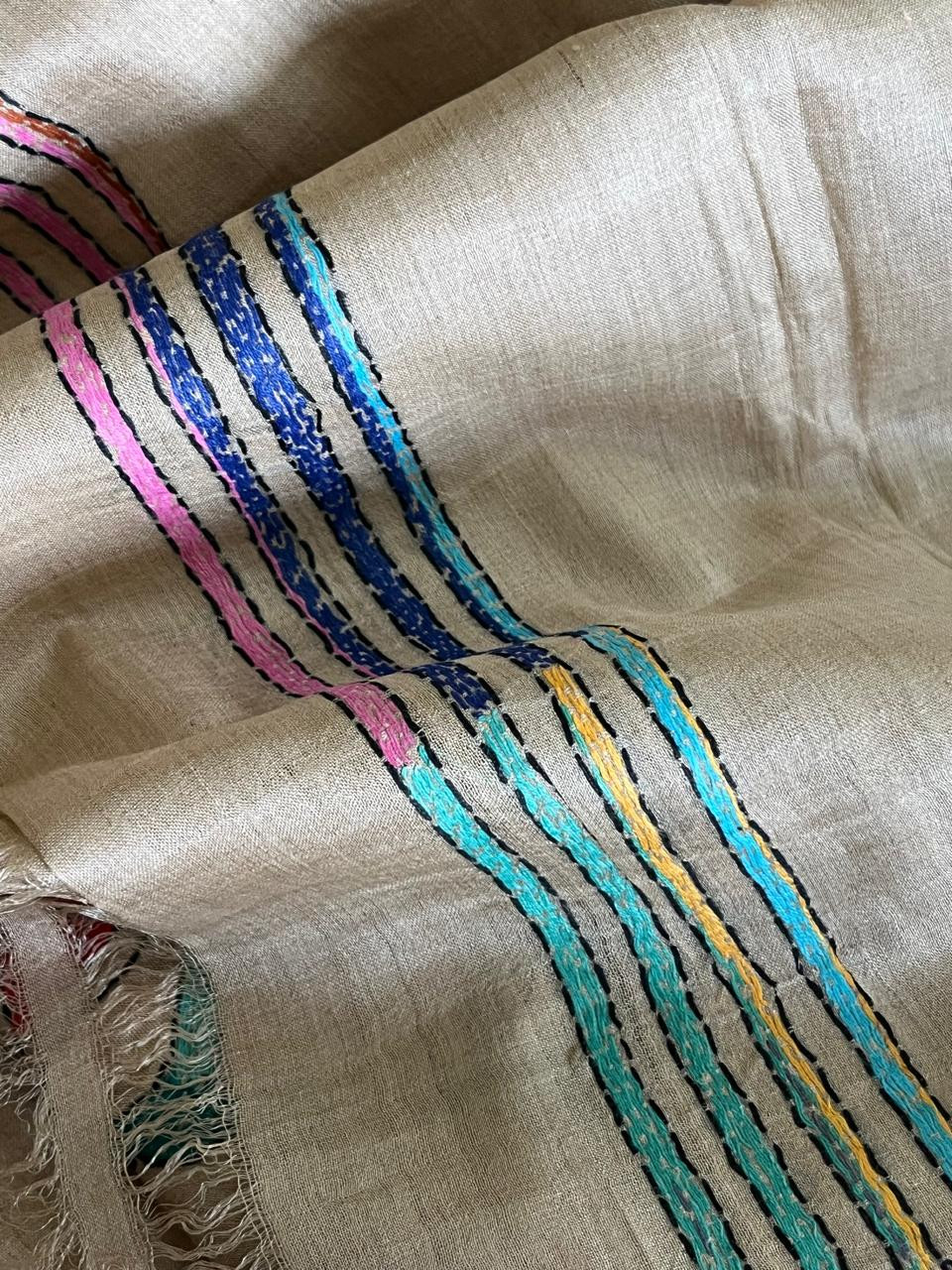 Pure Tussar  Hand Embroidered Kantha Silk Saree - Beige multicolour