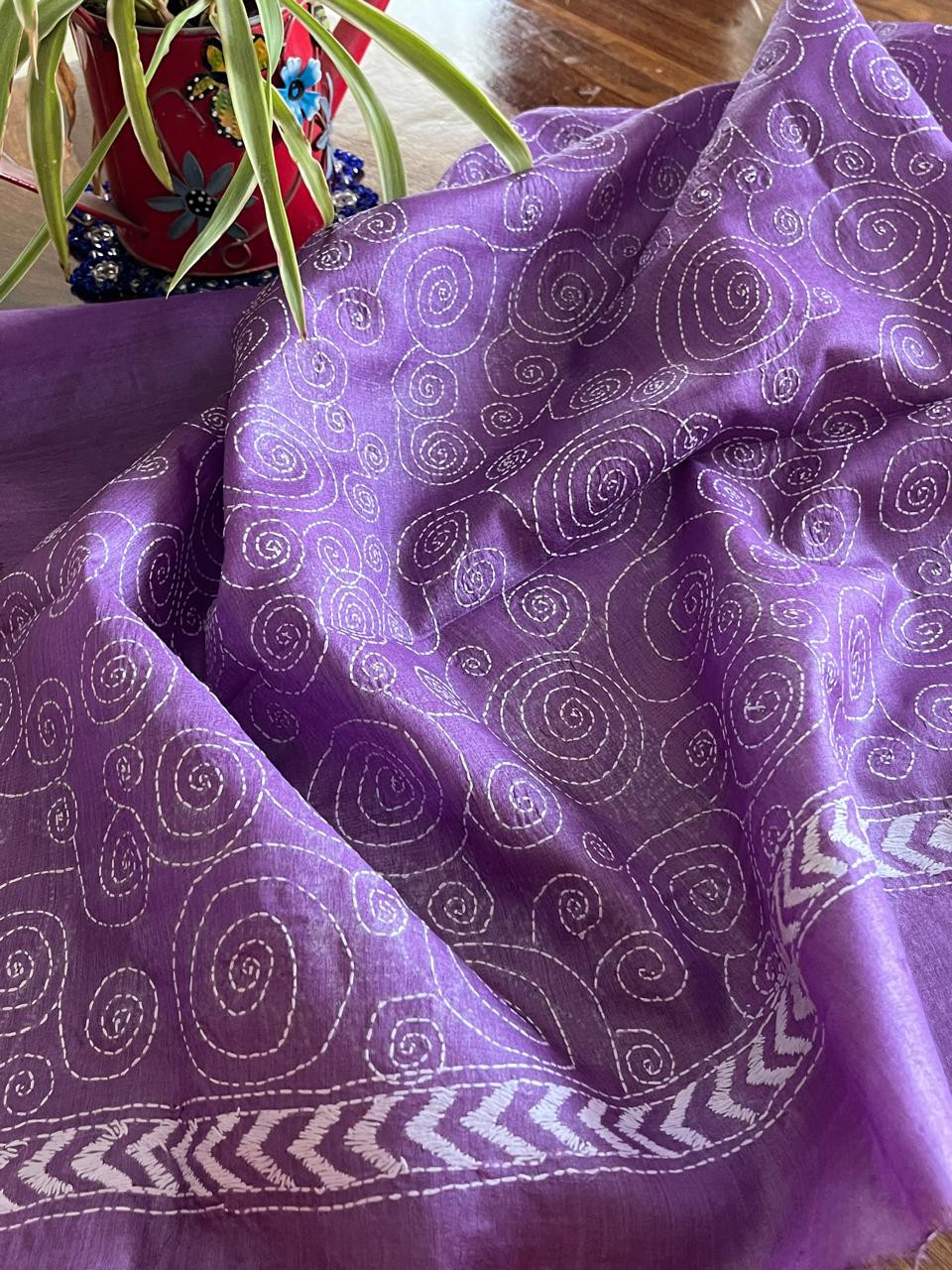 Pure Silk Kantha Hand embroidered Blouse - Unstitched - Purple