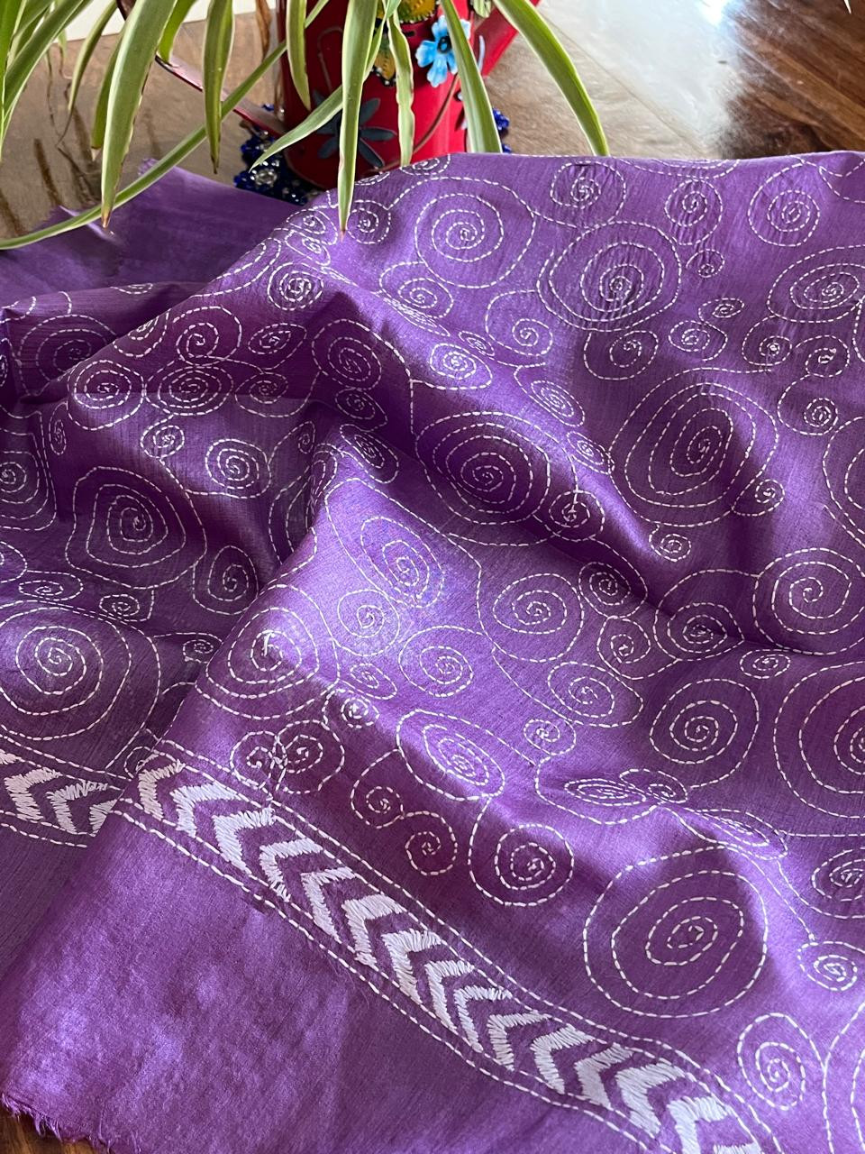 Pure Silk Kantha Hand embroidered Blouse - Unstitched - Purple