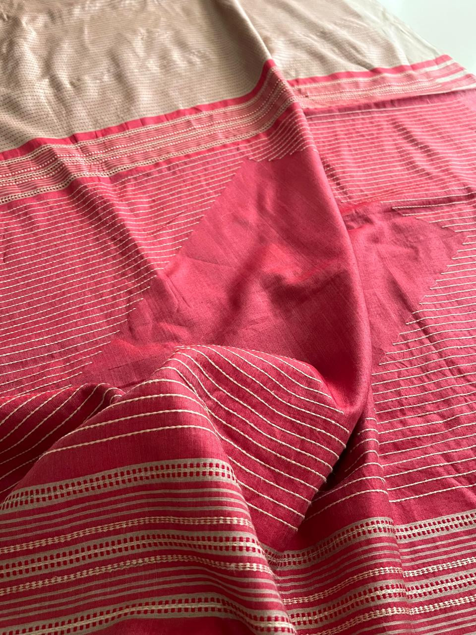 Pure Tussar Silk Saree with fine threadwork allover - Beige with Tomato Red