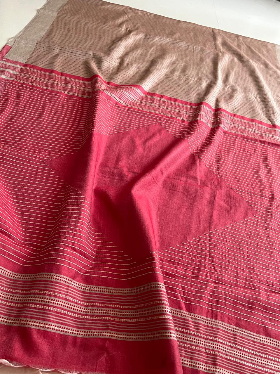 Pure Tussar Silk Saree with fine threadwork allover - Beige with Tomato Red