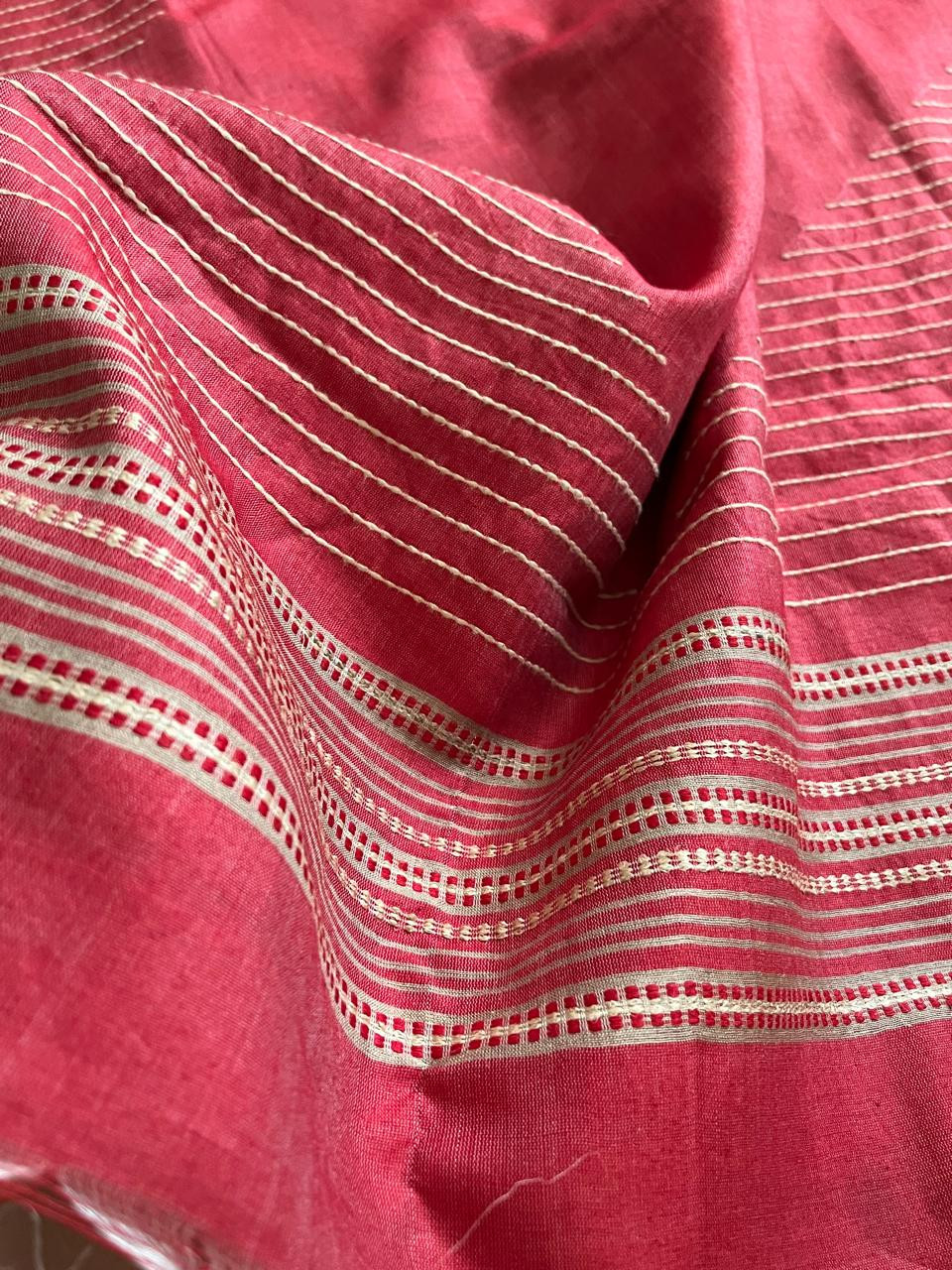 Pure Tussar Silk Saree with fine threadwork allover - Beige with Tomato Red