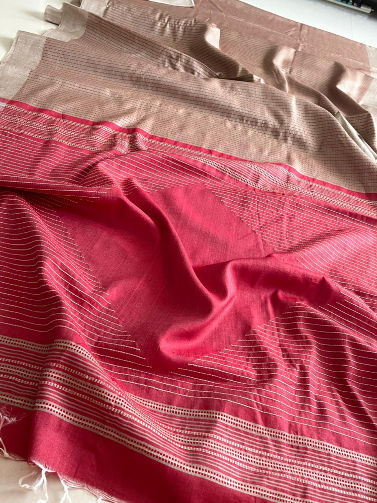 Image of Pure Tussar Silk Saree with fine threadwork allover - Beige with Tomato Red