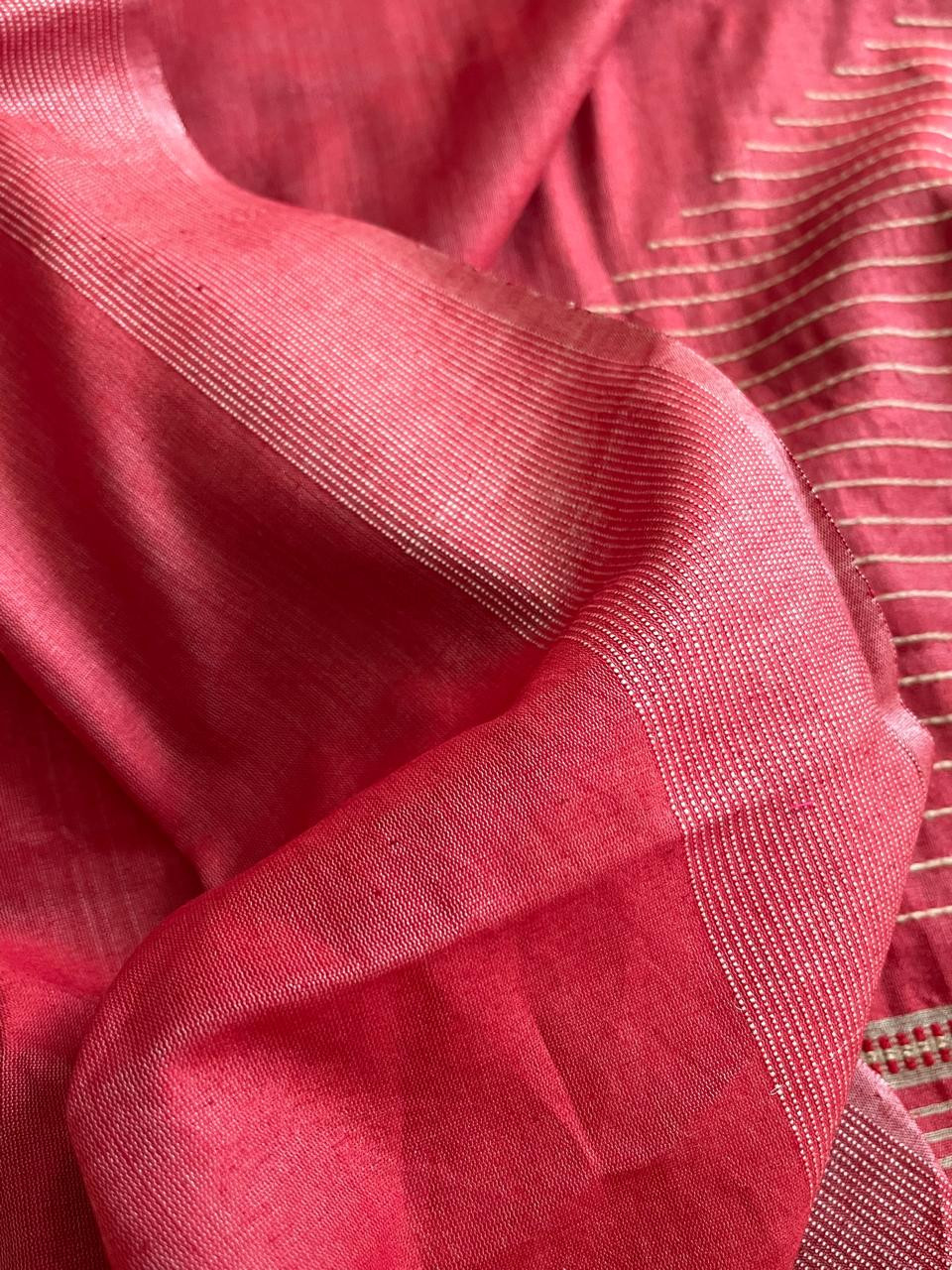 Pure Tussar Silk Saree with fine threadwork allover - Beige with Tomato Red