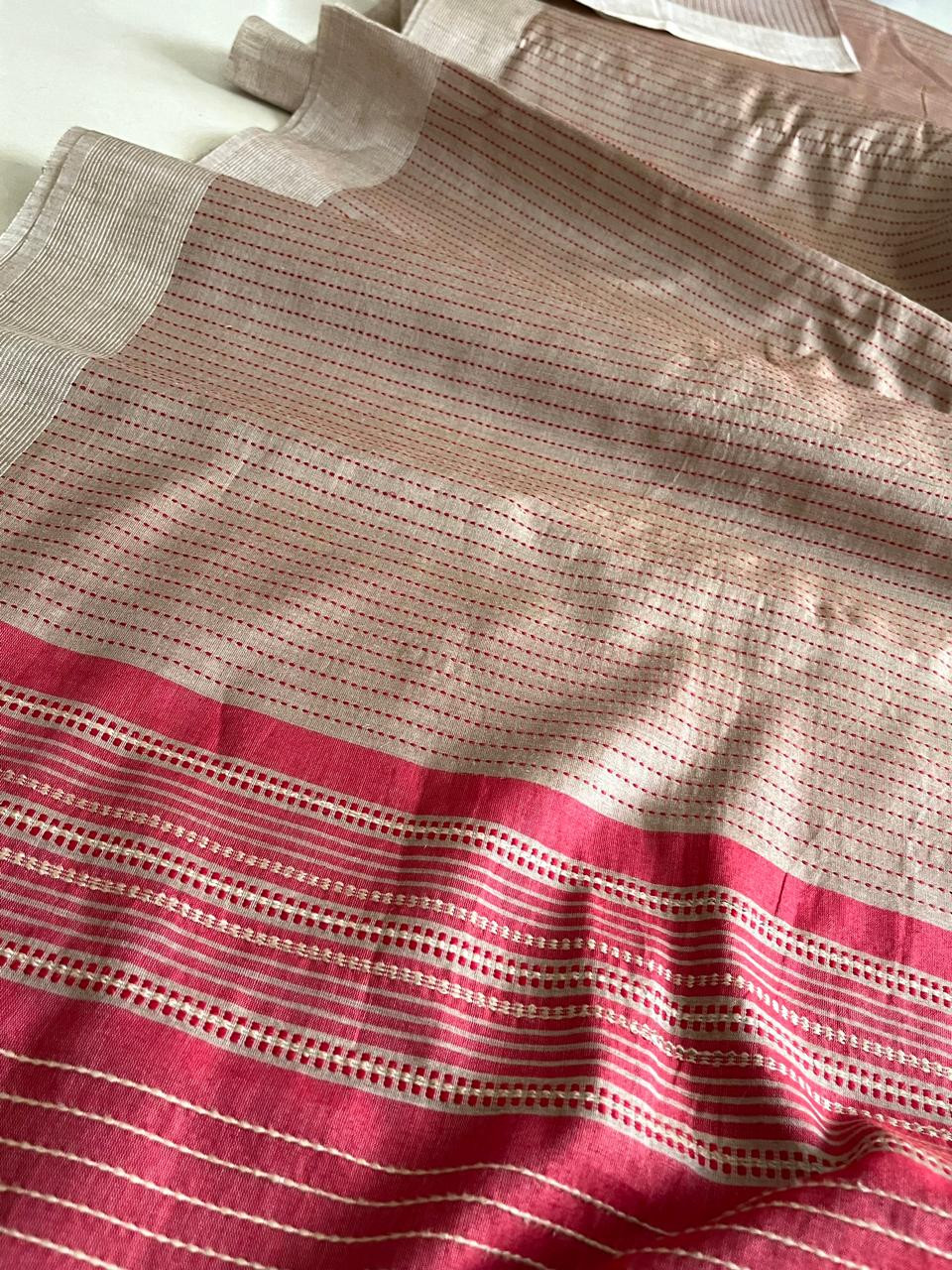 Pure Tussar Silk Saree with fine threadwork allover - Beige with Tomato Red