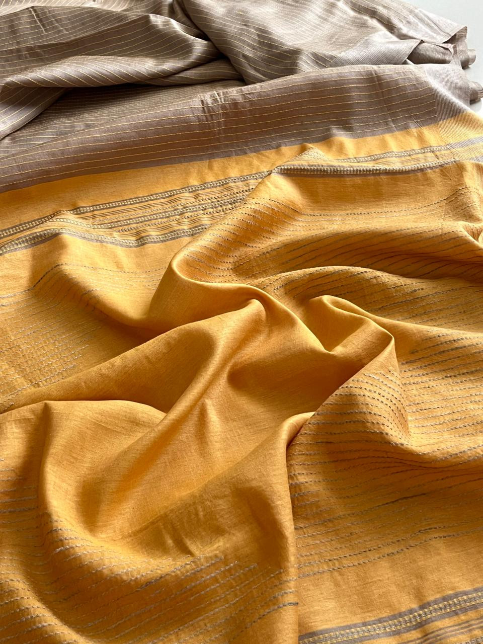Pure Tussar Silk Saree with fine threadwork allover - Beige with Yellow