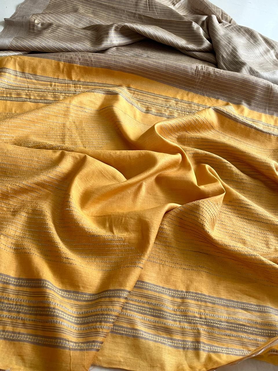 Pure Tussar Silk Saree with fine threadwork allover - Beige with Yellow