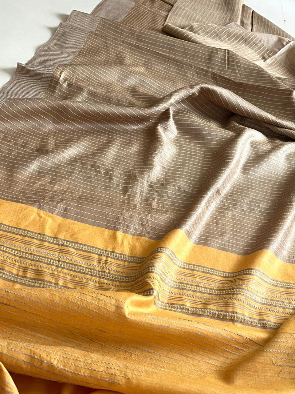 Pure Tussar Silk Saree with fine threadwork allover - Beige with Yellow
