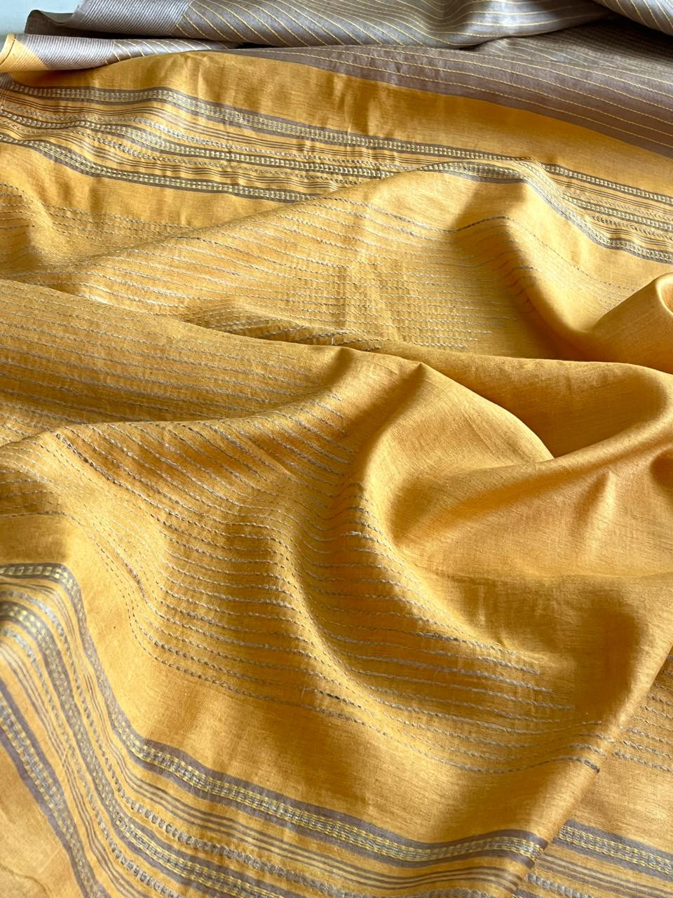 Pure Tussar Silk Saree with fine threadwork allover - Beige with Yellow