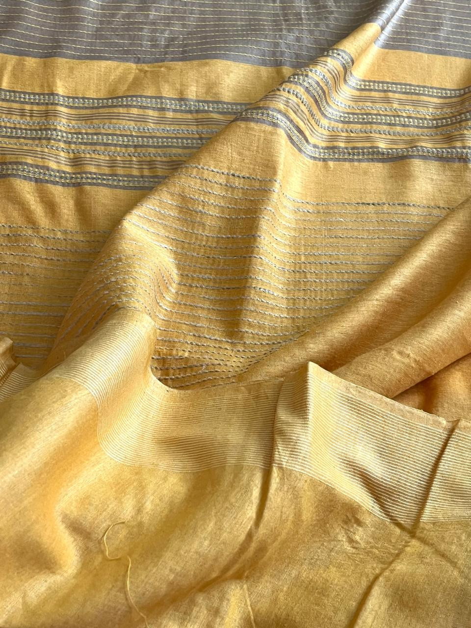 Pure Tussar Silk Saree with fine threadwork allover - Beige with Yellow