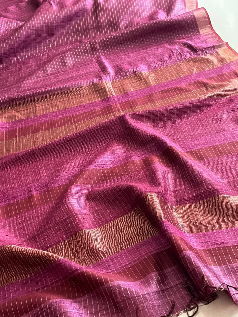 Onion Pink Pure Tussar Silk Saree with Zari Checks and Elegant Border