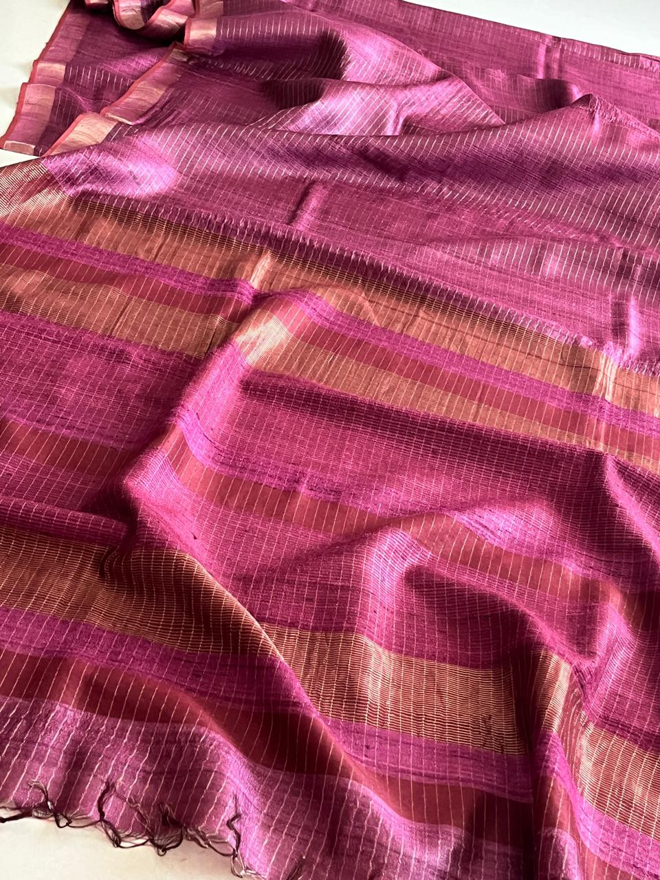 Onion Pink Pure Tussar Silk Saree with Zari Checks and Elegant Border