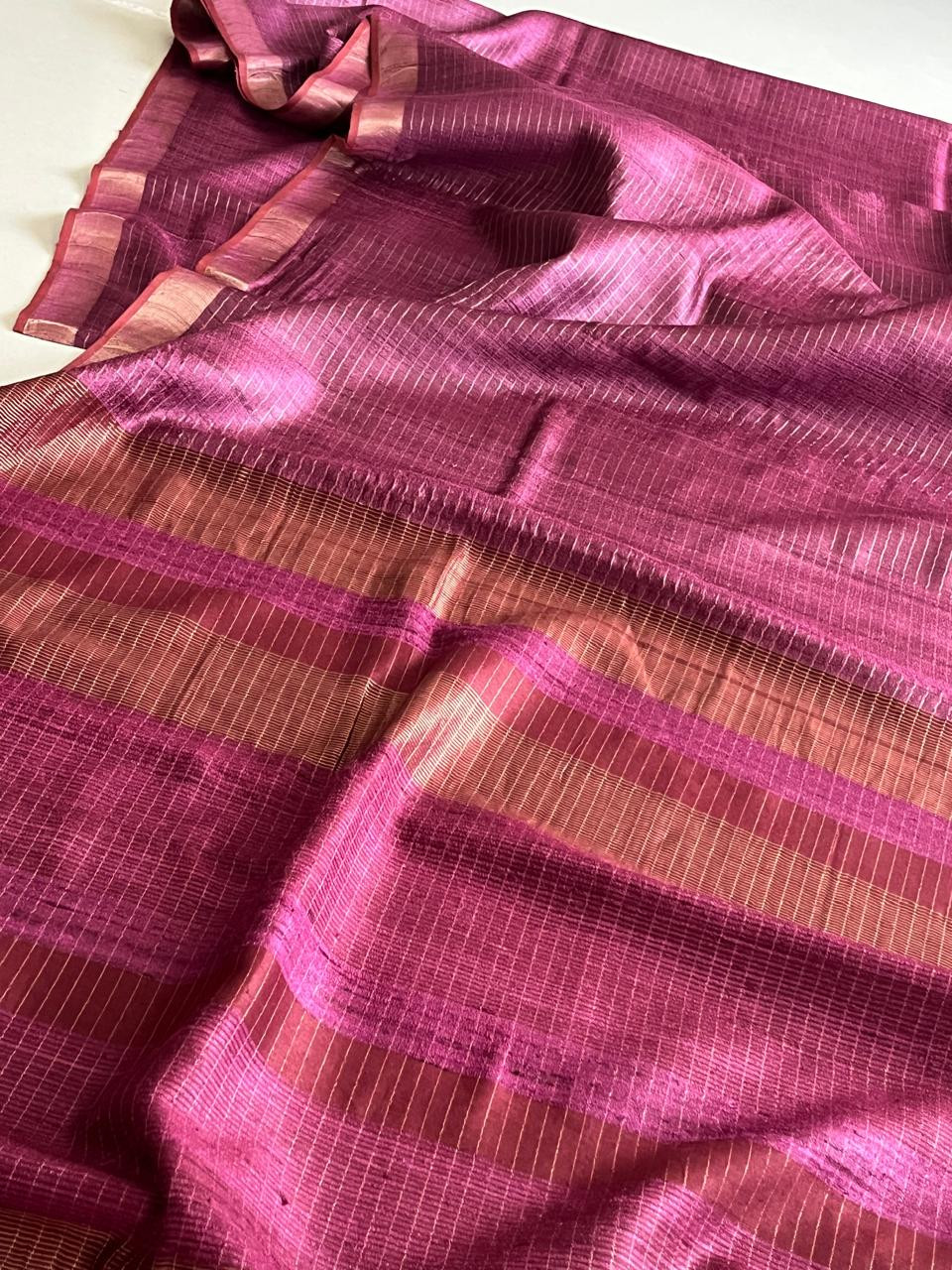 Onion Pink Pure Tussar Silk Saree with Zari Checks and Elegant Border