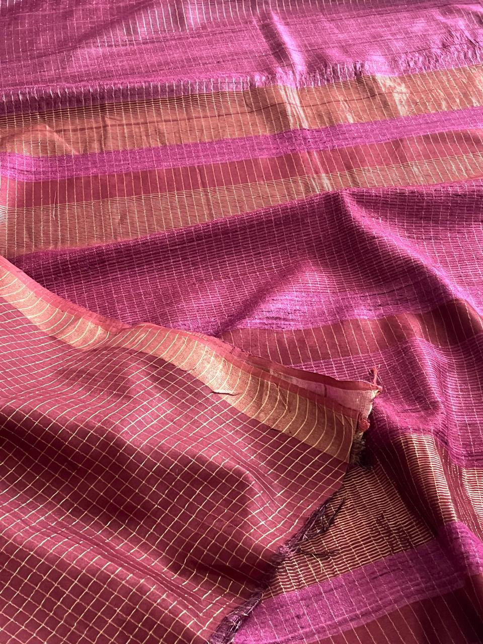 Onion Pink Pure Tussar Silk Saree with Zari Checks and Elegant Border