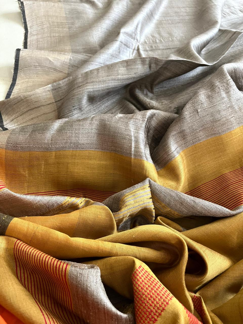 Dual-Tone Tussar Silk Saree with Woven Detailing - Beige and Yellow