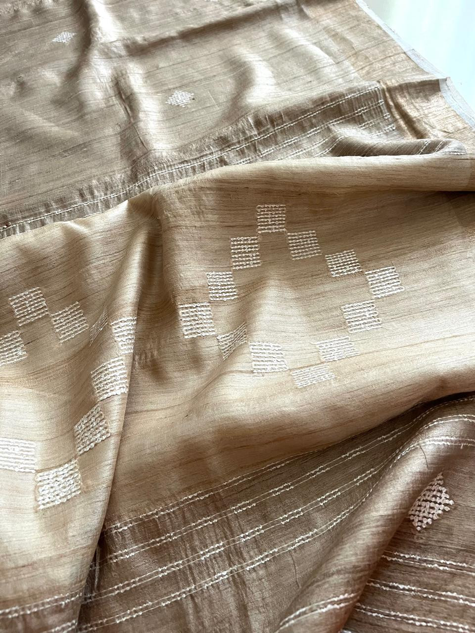 Dual-Tone Tussar Silk Saree with Woven Detailing - Beige with White