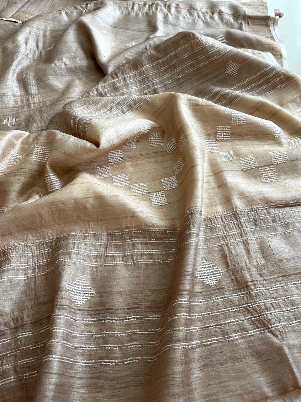 Dual-Tone Tussar Silk Saree with Woven Detailing - Beige with White