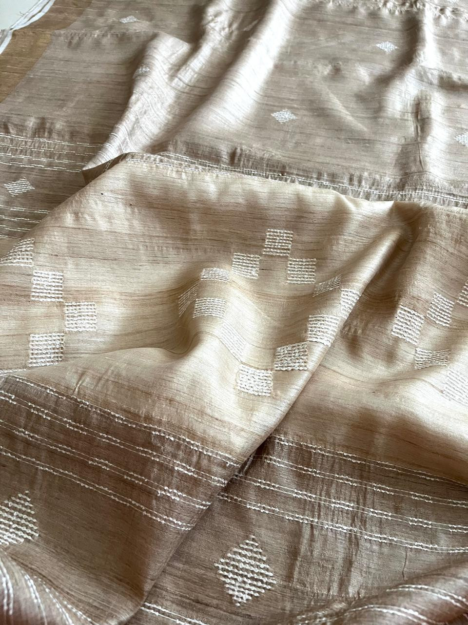 Dual-Tone Tussar Silk Saree with Woven Detailing - Beige with White