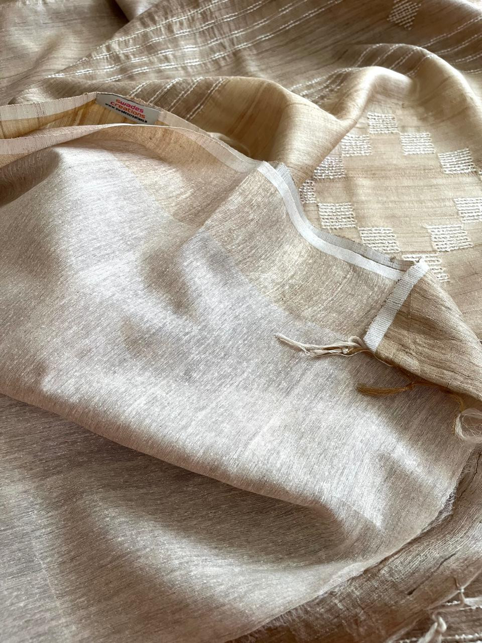 Dual-Tone Tussar Silk Saree with Woven Detailing - Beige with White