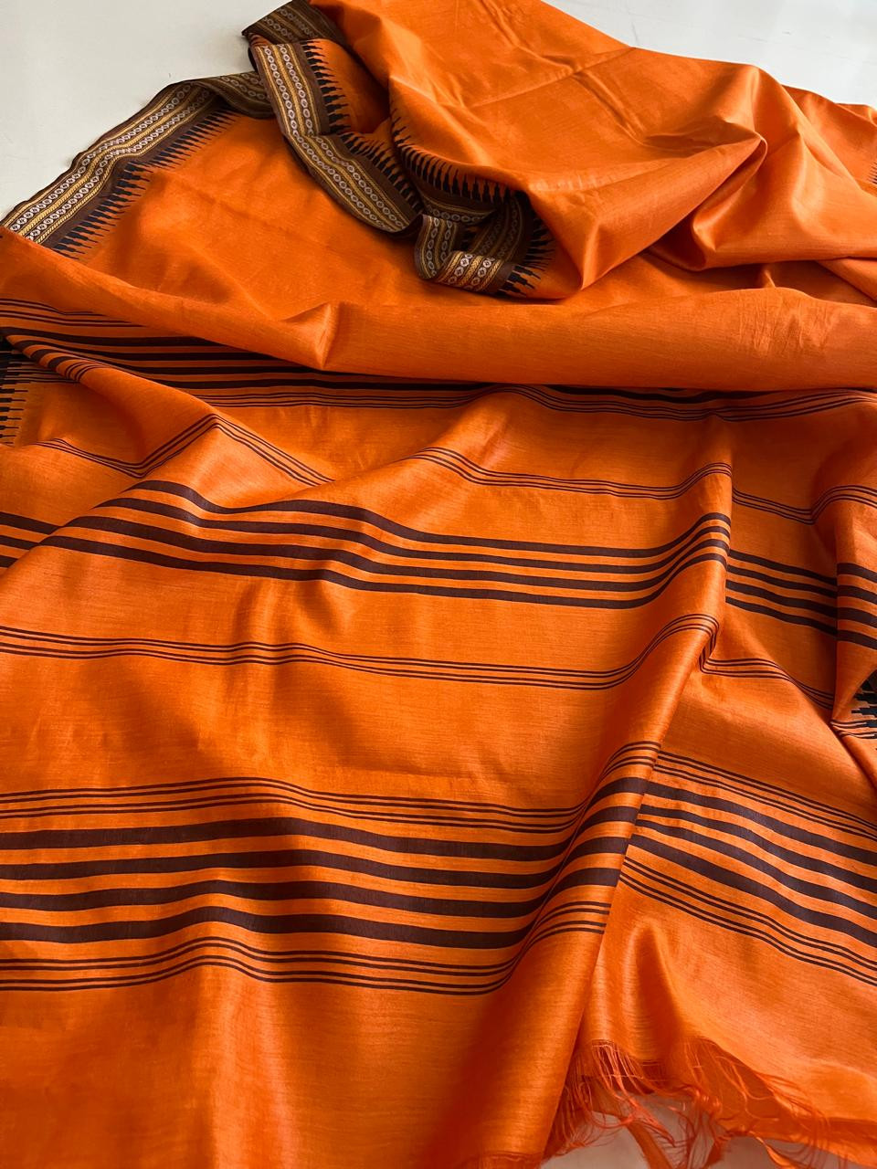 Radiant Orange Pure Tussar Silk Saree with Woven Border