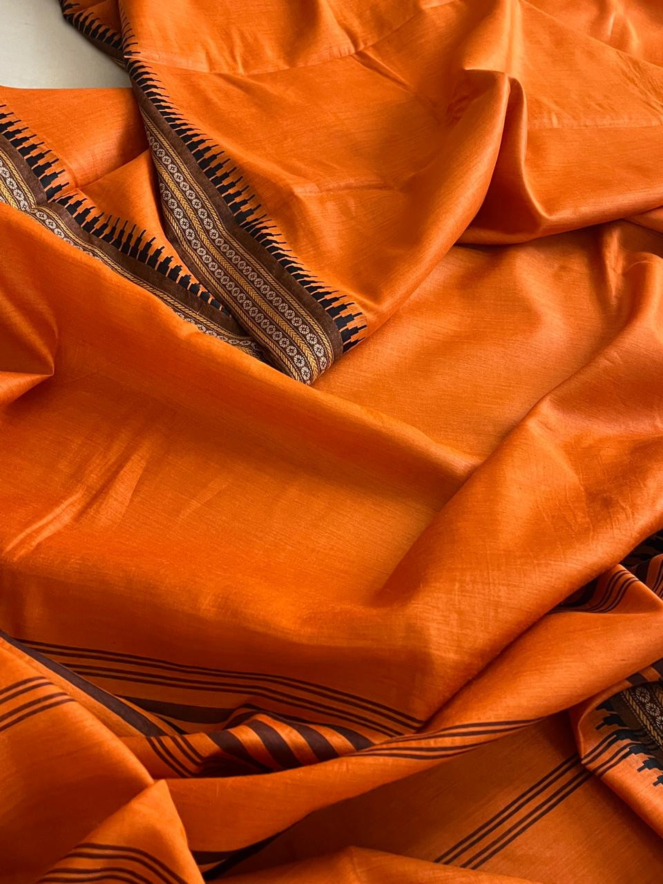 Radiant Orange Pure Tussar Silk Saree with Woven Border