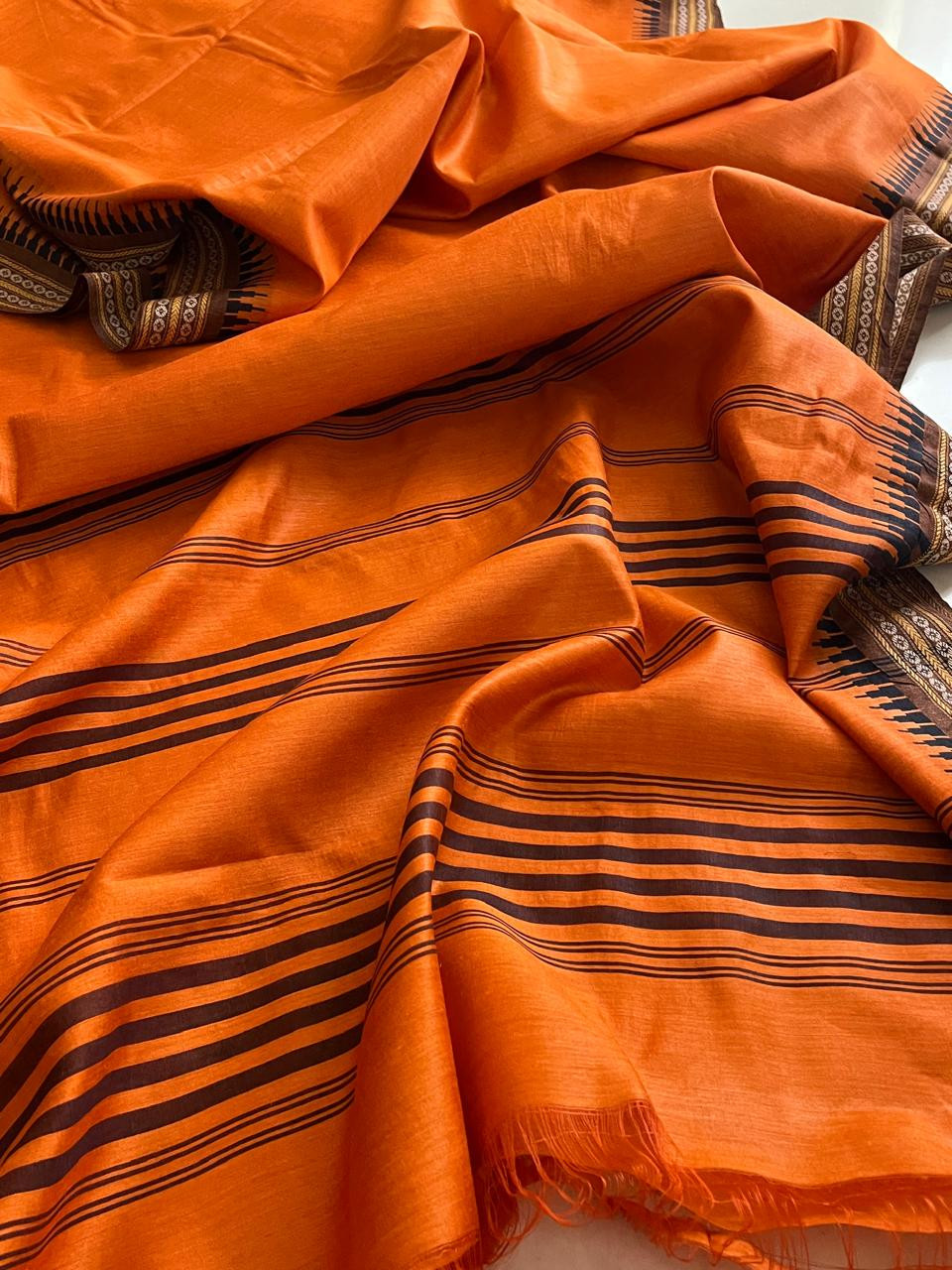 Radiant Orange Pure Tussar Silk Saree with Woven Border