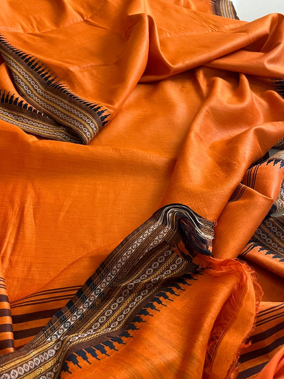 Radiant Orange Pure Tussar Silk Saree with Woven Border