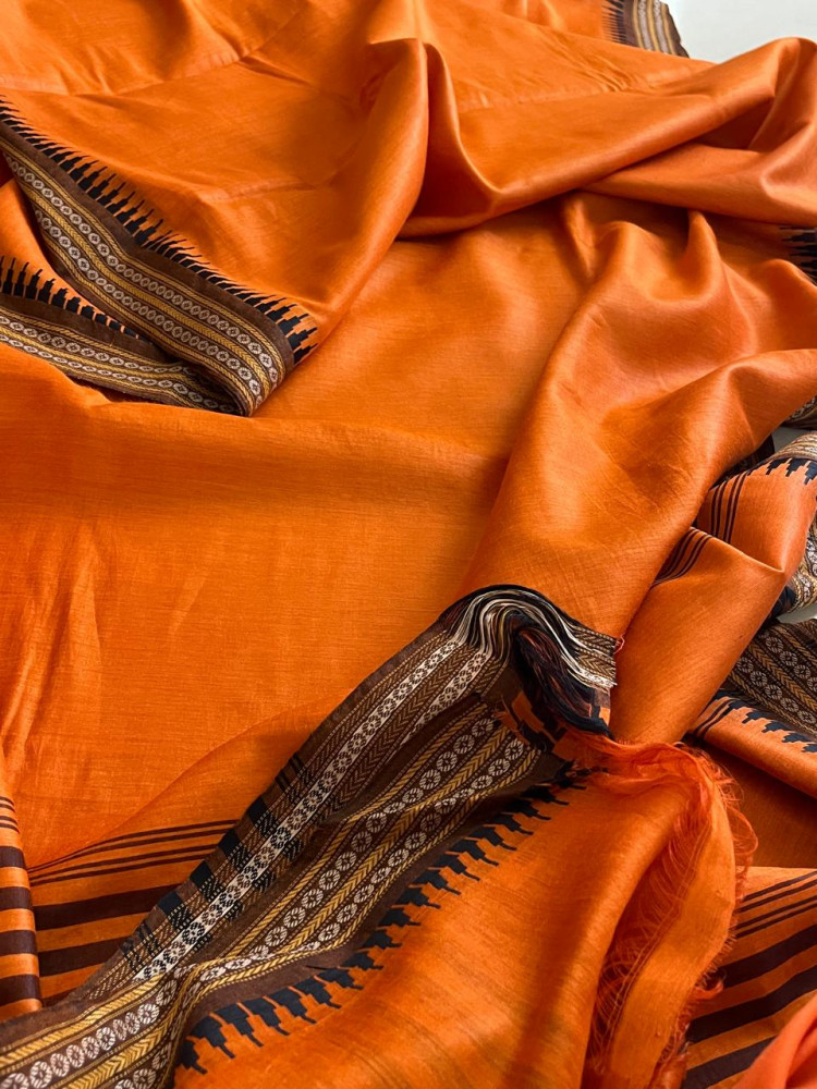 Image of Radiant Orange Pure Tussar Silk Saree with Woven Border