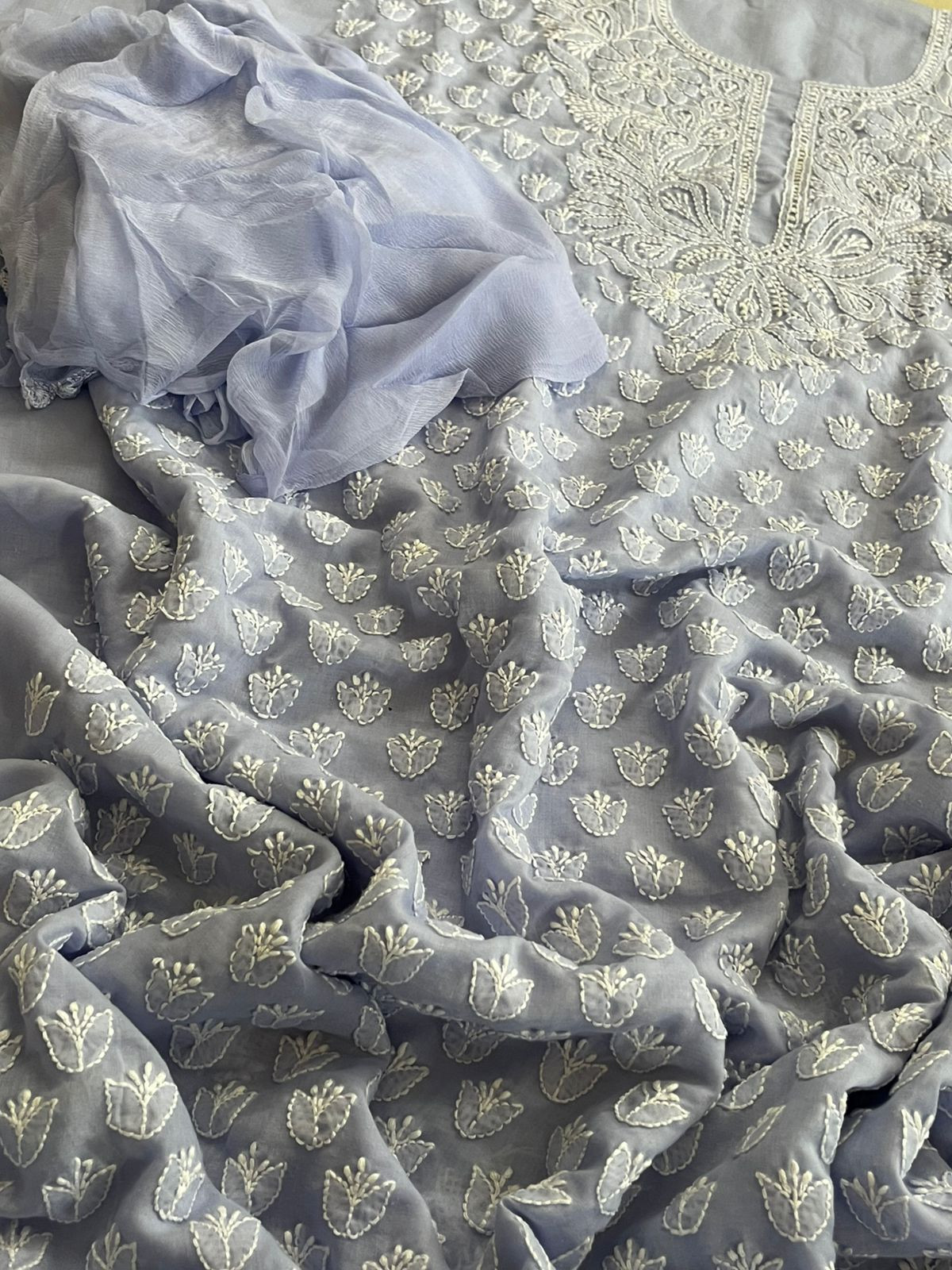 Pure Mul 3 Piece Suit With Hand Chikankari Work  - Lavendar