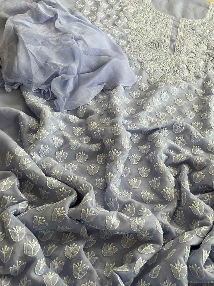 Image of Pure Mul 3 Piece Suit With Hand Chikankari Work  - Lavendar