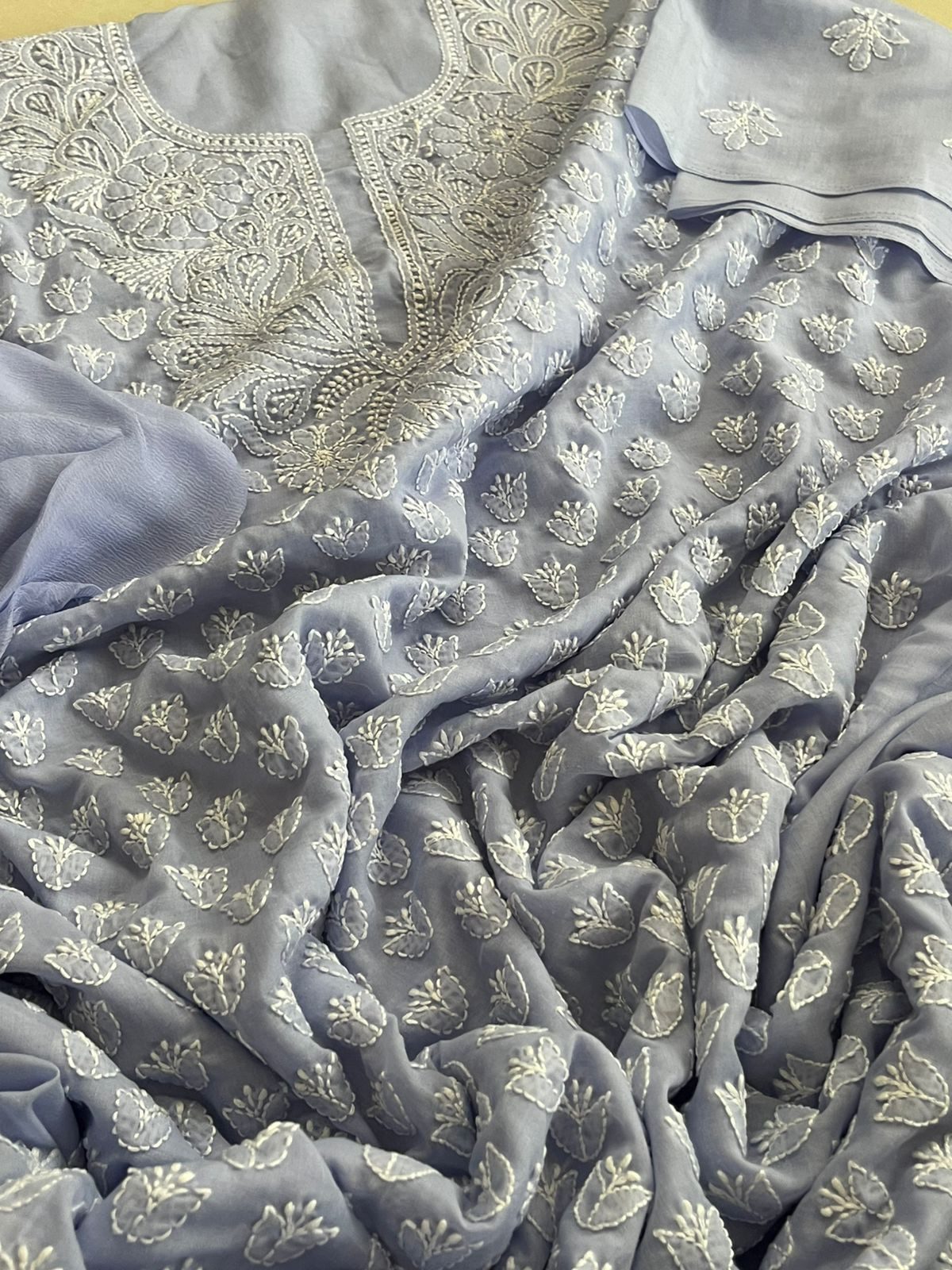 Pure Mul 3 Piece Suit With Hand Chikankari Work  - Lavendar