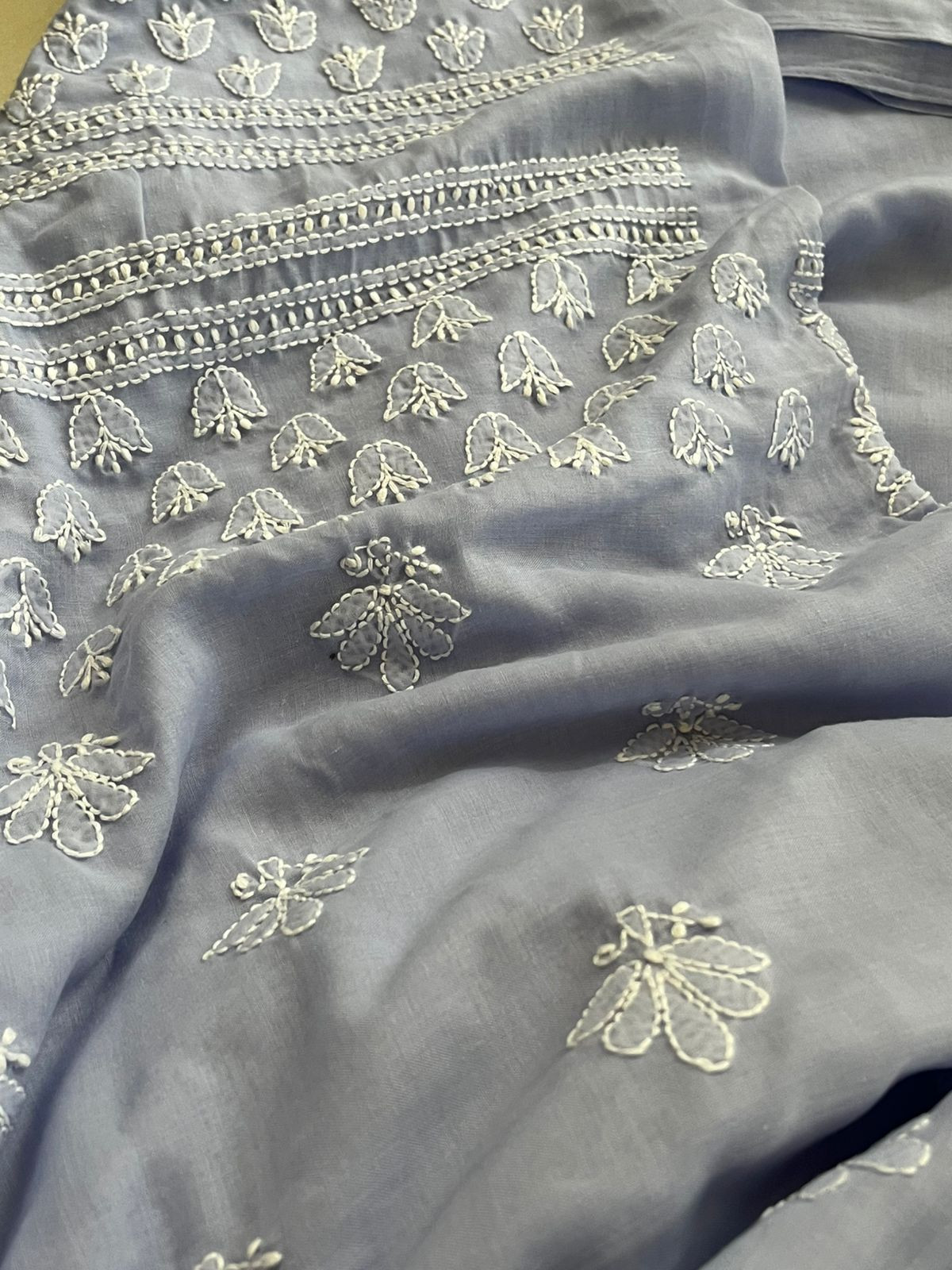 Pure Mul 3 Piece Suit With Hand Chikankari Work  - Lavendar