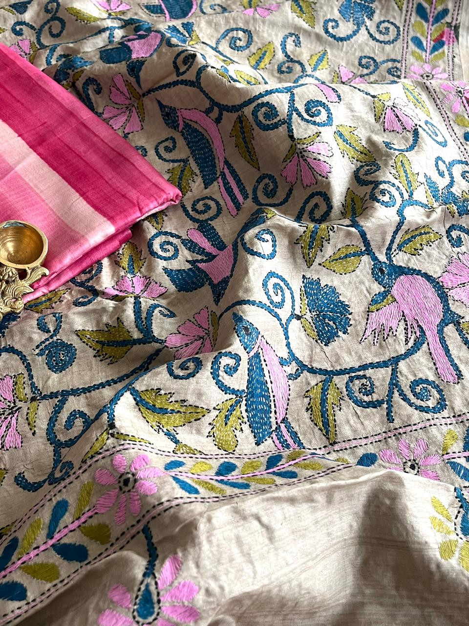 Hand Embroidered Kantha Silk Dupatta with Silk Kurta - With Pink Striped Kurta