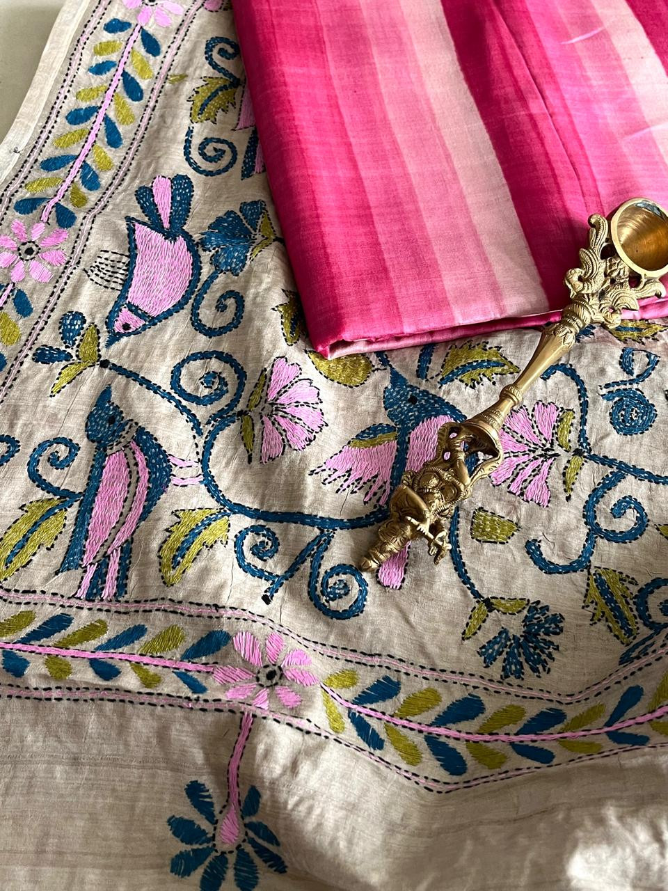 Hand Embroidered Kantha Silk Dupatta with Silk Kurta - With Pink Striped Kurta