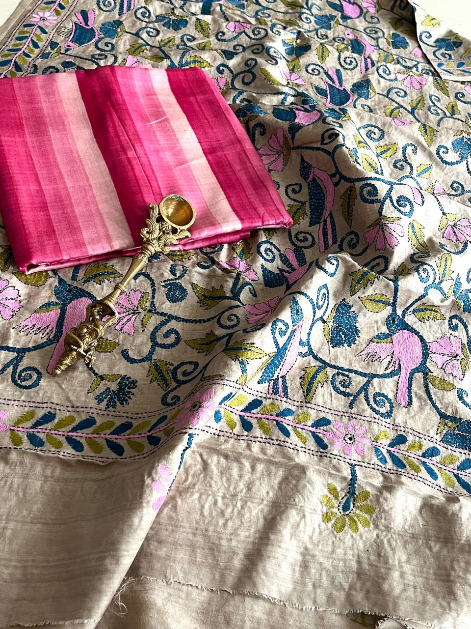 Hand Embroidered Kantha Silk Dupatta with Silk Kurta - With Pink Striped Kurta